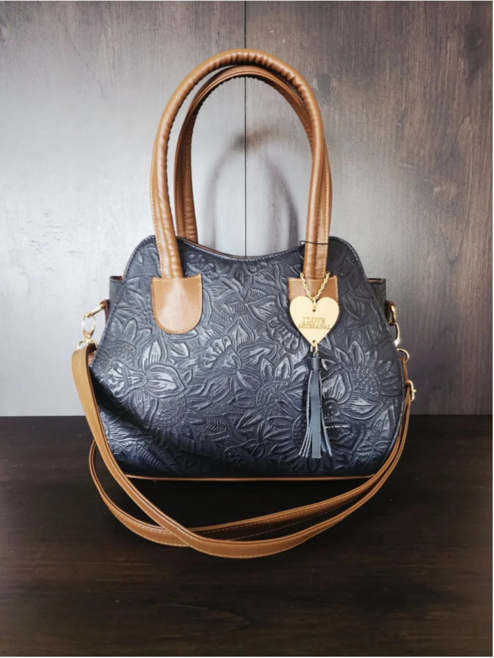 Marine Navy Blue Brown Sunflower Embossed Tooled Artisan LEATHER Hobo Bag Purse